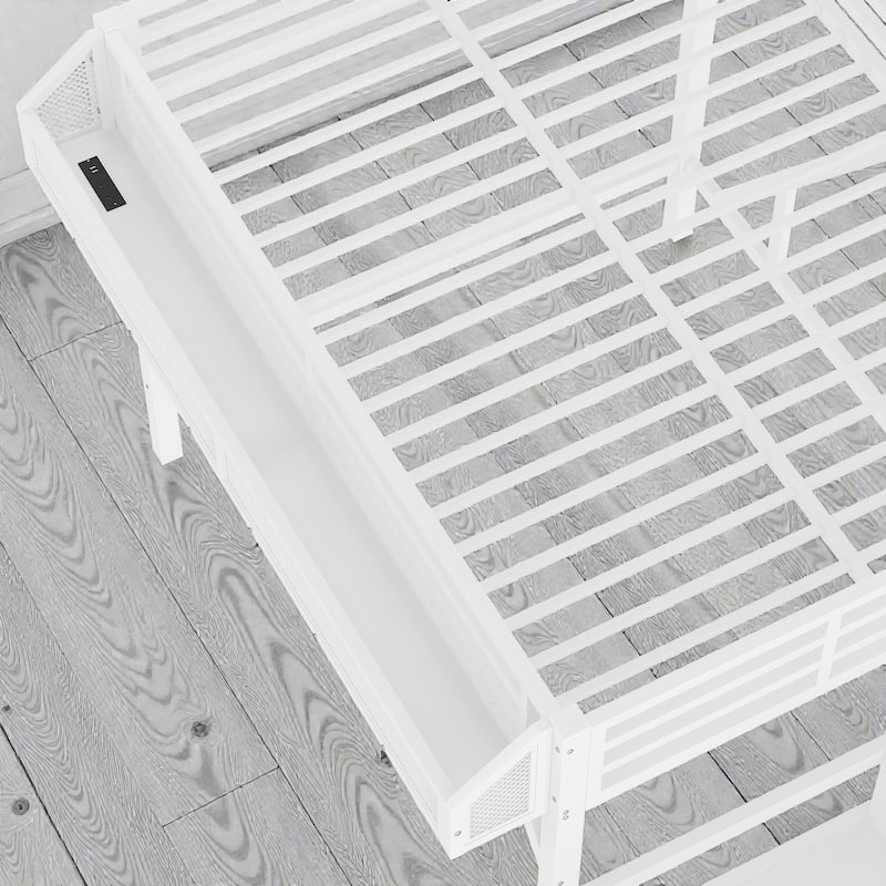 Metal Loft Bed with Storage Stairs, Wardrobe and Shelves, USB Ports and LED Lights, Noise Reduced Frame