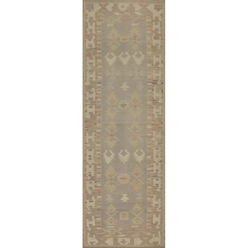Hand Woven Oriental 100% Wool Carpet Southwestern Tribal Greys & Charcoal Kilim Runner Rug - 10' 2'' X 2' 8''