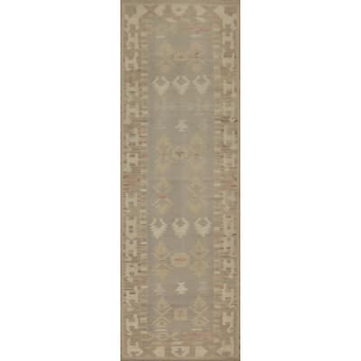 Hand Woven Oriental 100% Wool Carpet Southwestern Tribal Greys & Charcoal Kilim Runner Rug - 10' 2'' X 2' 8''
