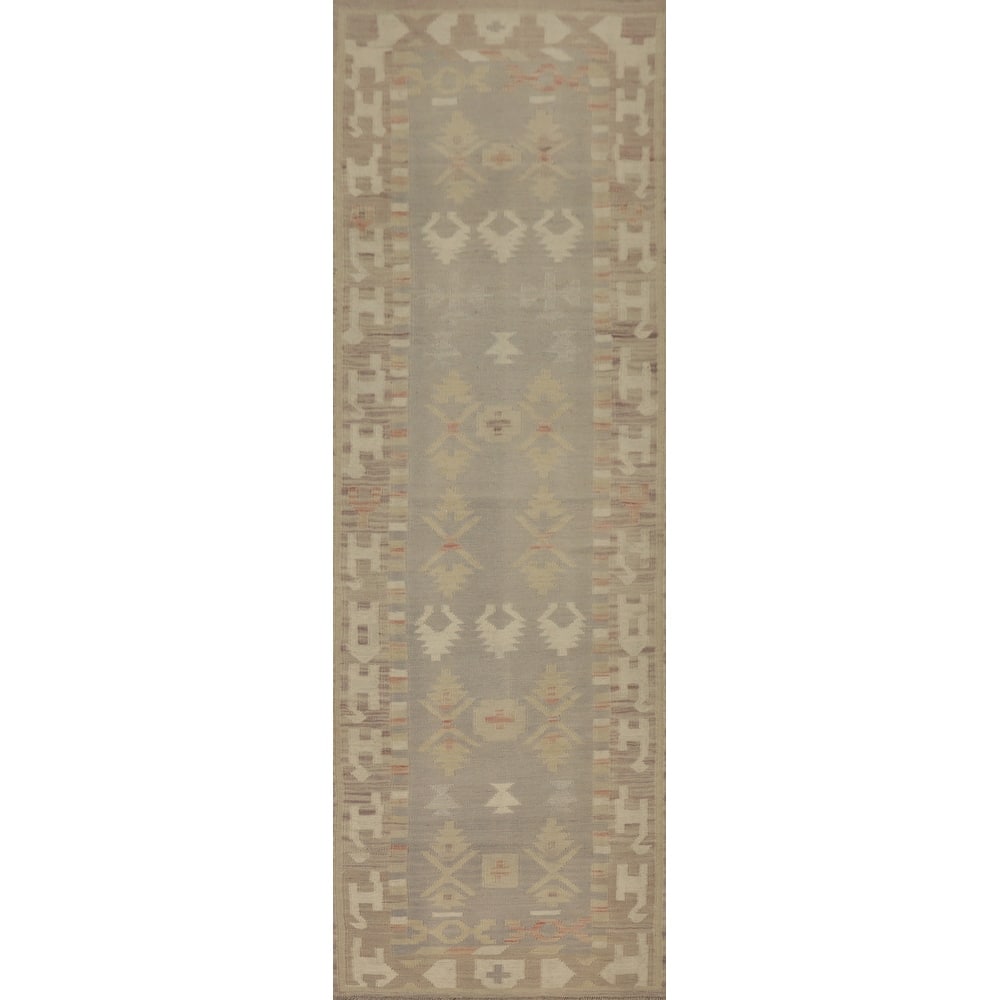 Hand Woven Oriental 100% Wool Carpet Southwestern Tribal Greys & Charcoal Kilim Runner Rug - 10' 2'' X 2' 8''