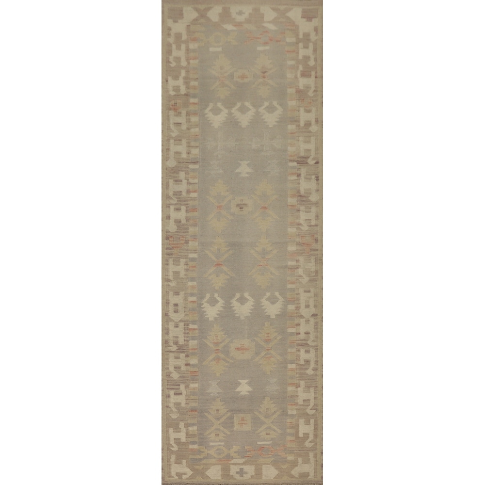Hand Woven Oriental 100% Wool Carpet Southwestern Tribal Greys & Charcoal Kilim Runner Rug - 10' 2'' X 2' 8''