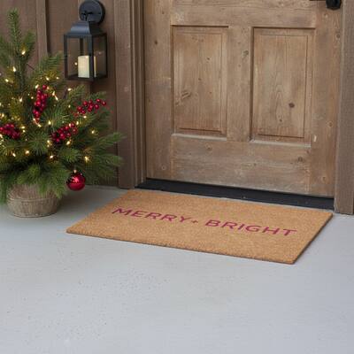 HomeRoots 24" X 36" Brown And Pink Christmas Merry and Bright Outdoor Coir Door Mat - 24.00' X '36.00