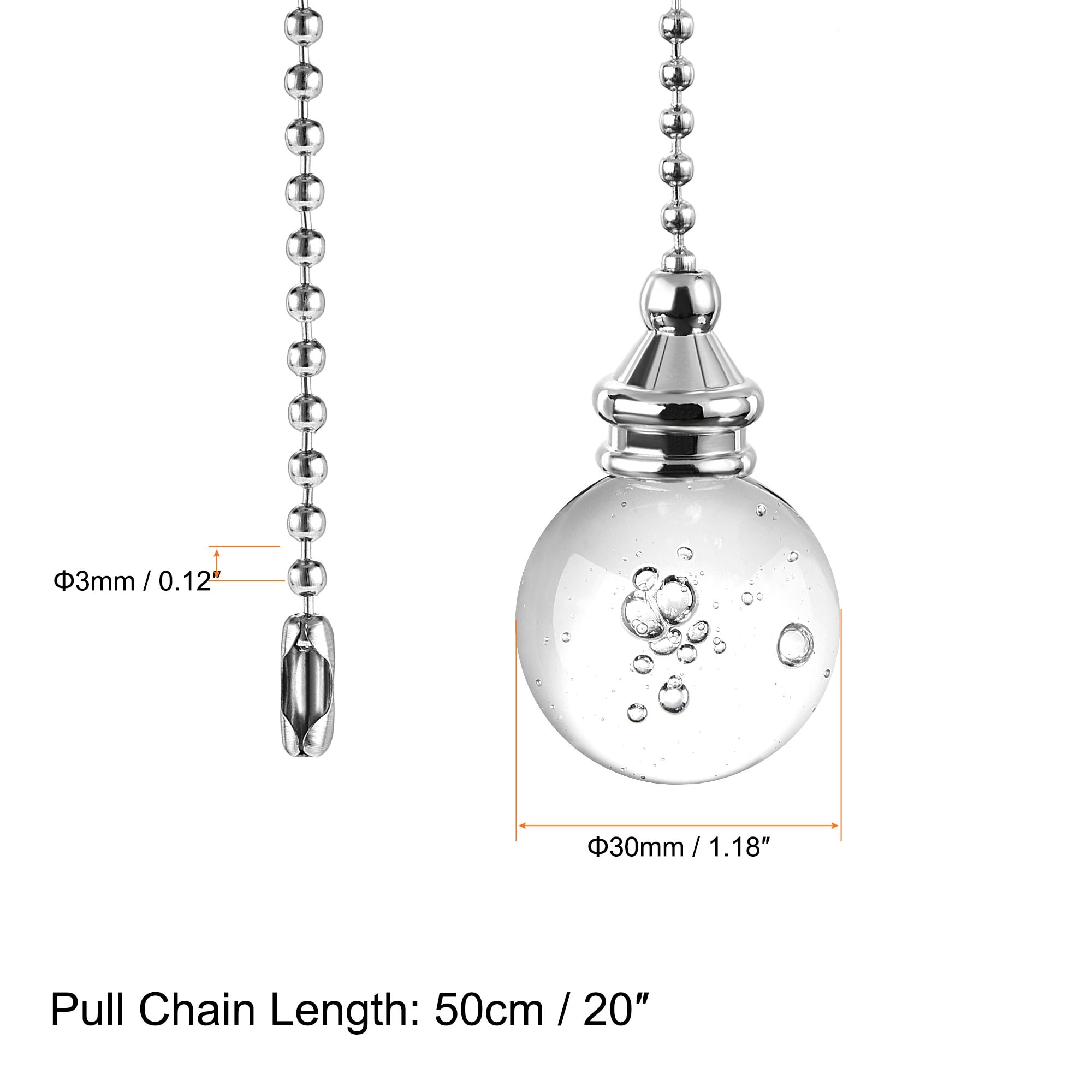 20 inch Ceiling Fan Pull Chain Extension 30mm Crystal Bubble Ball Clear 2pcs
