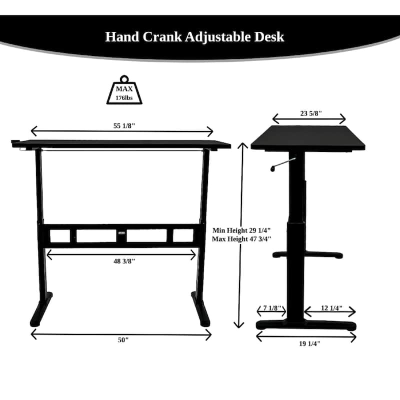 ErgoMax Office Black Adjustable Height Crank Desk w/ Tabletop, 45 Inch Max Height