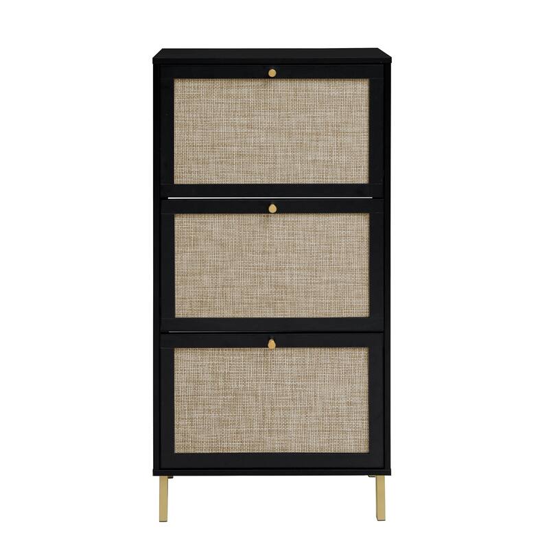 Shoe Storage Cabinet with 3 Flip Drawers, Freestanding 3-Tier Shoe Rack, Slim Shoe Organizer with Half Round Woven Rattan Doors
