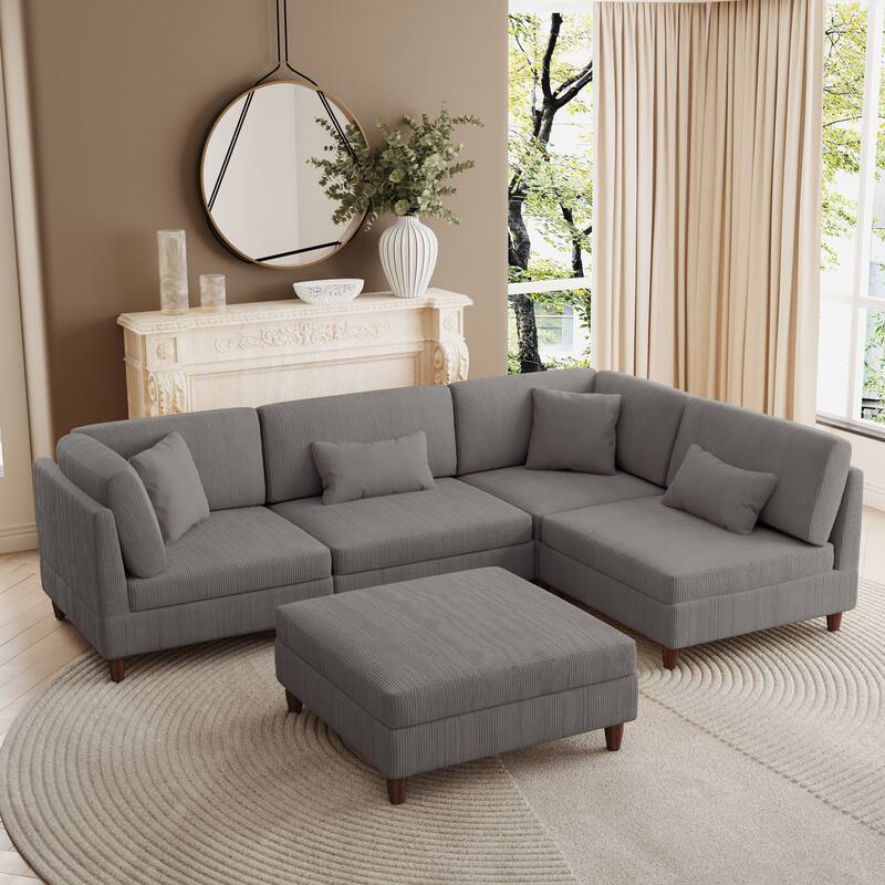 Corduroy Convertible Couch Modular Sectional Sofa with Ottoman - 5-Piece Light Grey - Reversible