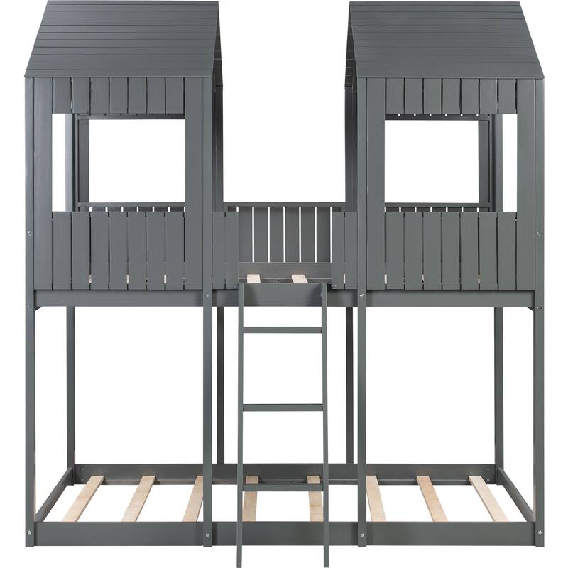 Full Over Full WoodBunk Bed with Roof, Window, Guardrail, Ladder