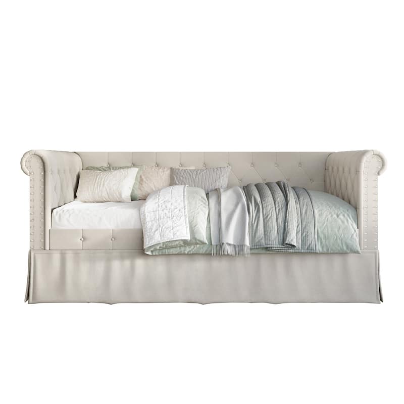 CraftPorch Twin Size Chesterfield Daybed In Linen With Trundle