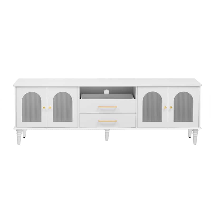 Roomfitters Retro TV Stand for up to 75 Inch TV, Entertainment Console with Fluted Glass Doors and Wood Legs, White