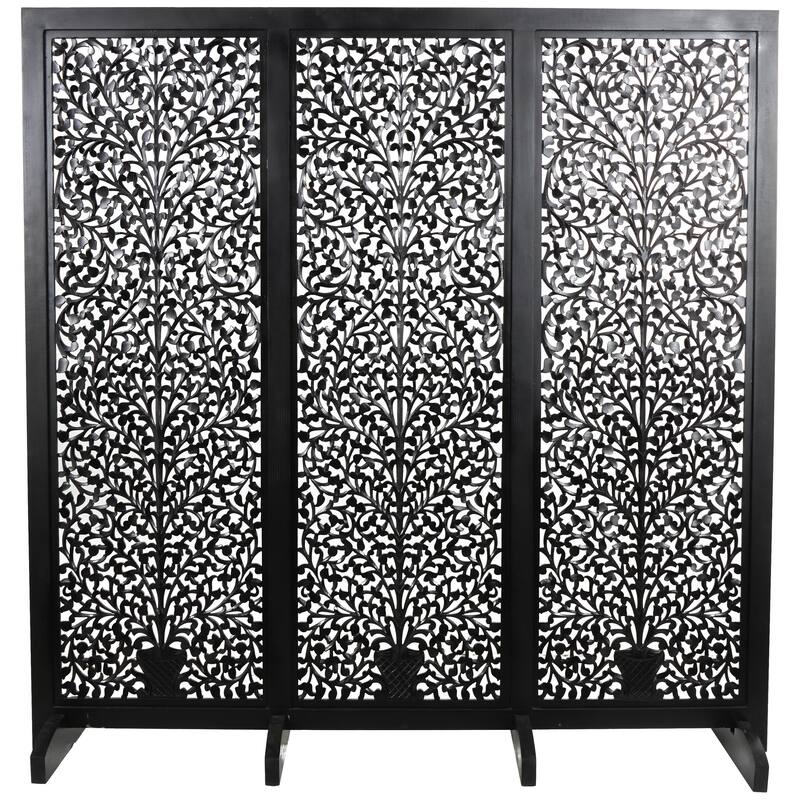 Wooden Floral Handmade Large Flat Freestanding Carved Room Divider Screen - Black - Roche River Decor - Black
