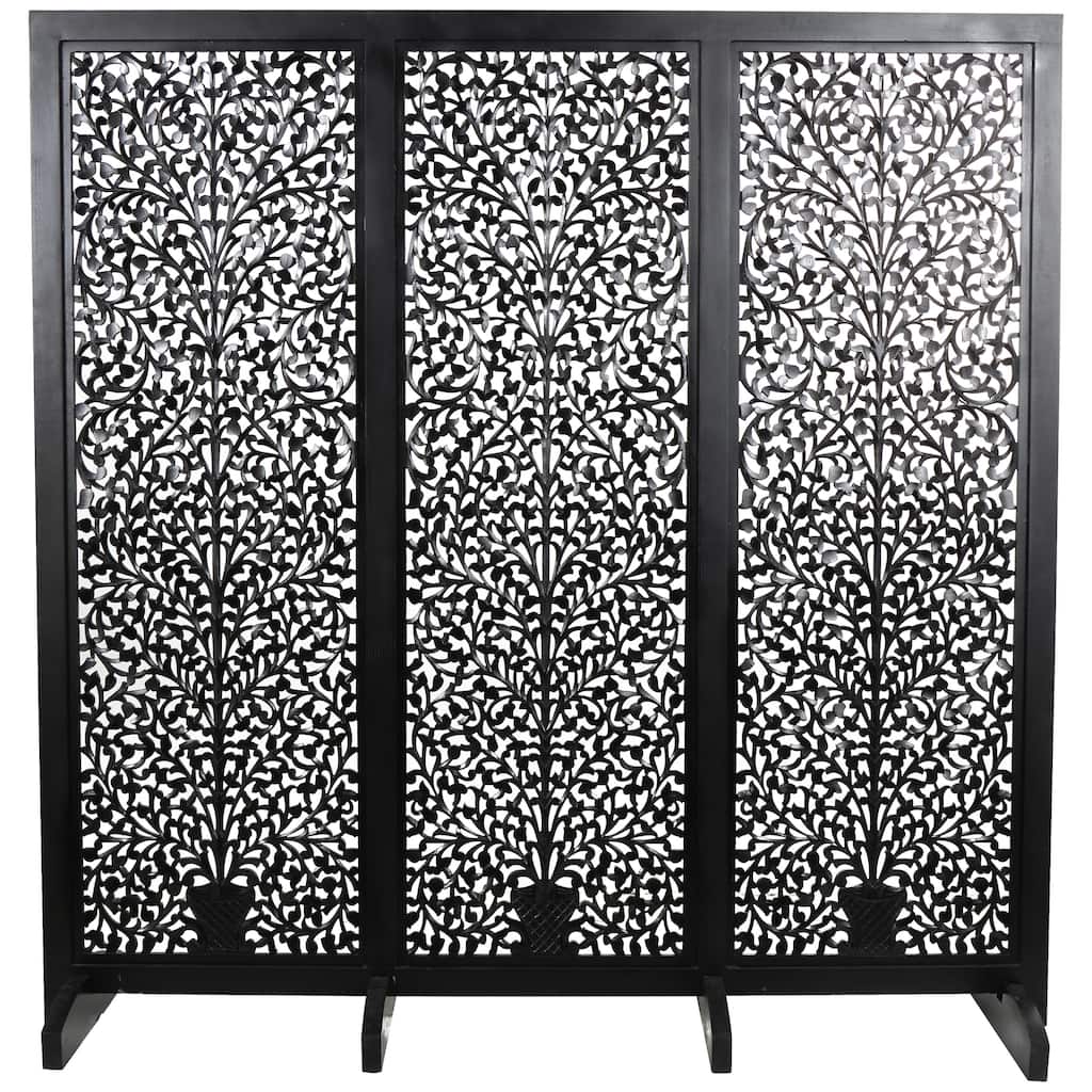 Wooden Floral Handmade Large Flat Freestanding Carved Room Divider Screen - Black - Roche River Decor
