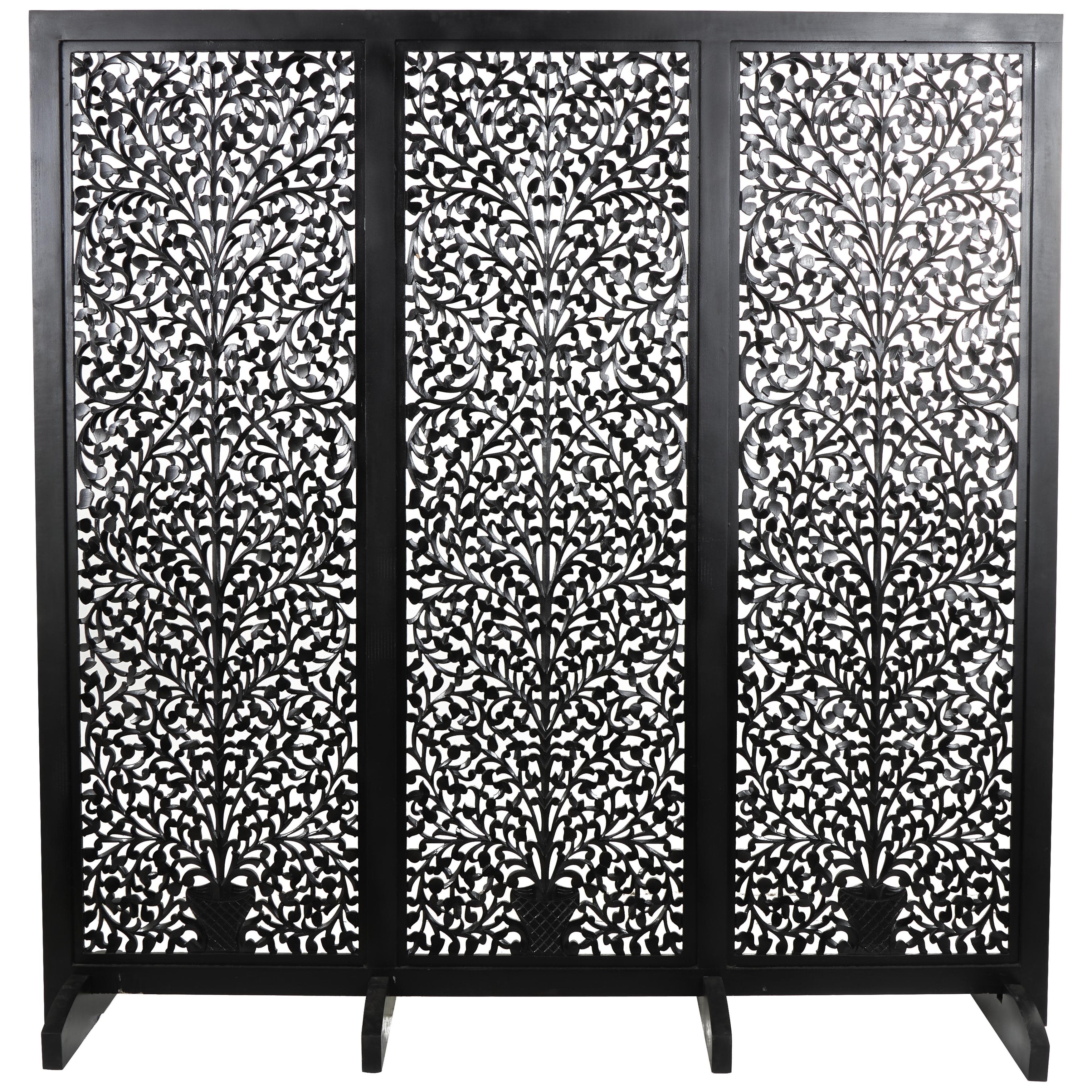 Wooden Floral Handmade Large Flat Freestanding Carved Room Divider Screen - Black - Roche River Decor
