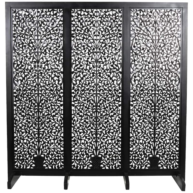 Wooden Floral Partition or Freestanding Carved Partition Room Divider Screen with 4 Feet - Black or White- Roche River Décor - Black