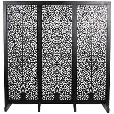 Wooden Floral Partition or Freestanding Carved Partition Room Divider Screen with 4 Feet - Black or White- Roche River Décor