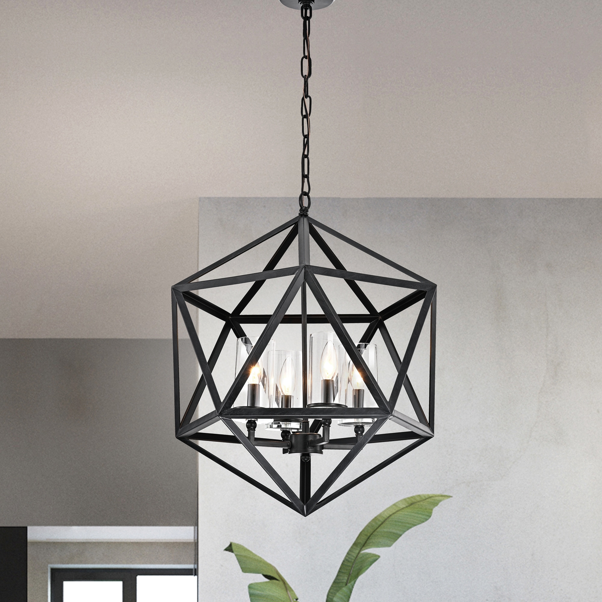 Antique Black 4-Light Geometric Cage Chandelier