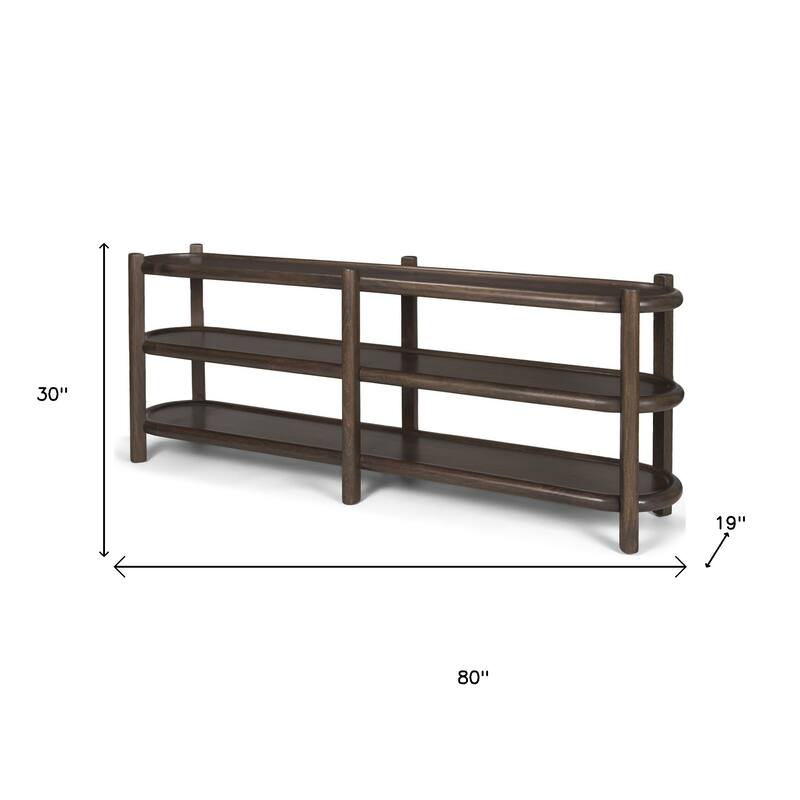 HomeRoots 80" Dark Brown Solid Wood Oval Six Leg Console Table With Two Shelves - 80' X '30' X '19