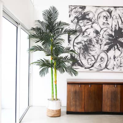 Potted Golden Cane Palm Artificial Tree with Cotton Planter - 8' - Green