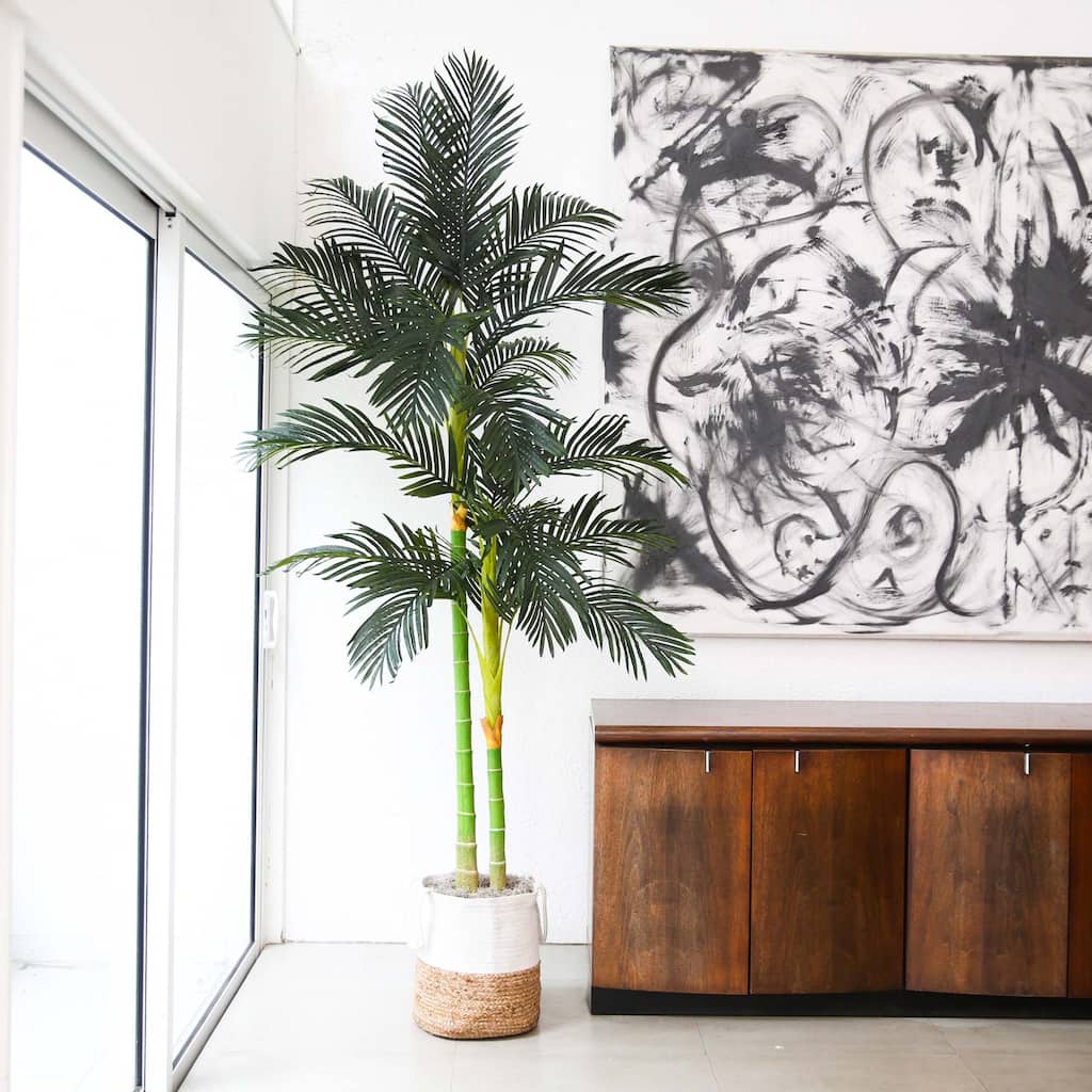 Potted Golden Cane Palm Artificial Tree with Cotton Planter - 8' - Green