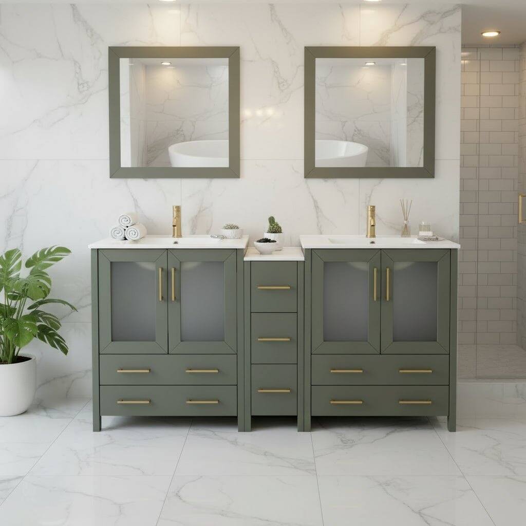 Vanity Art 72" Double Sink Bathroom Vanity Set 7 Dove-Tailed Drawers, 3 Cabinets, 2 Shelves, Soft-Closing Doors with Free Mirror