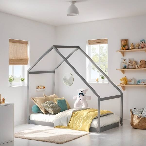 slide 2 of 8, Modern Versatile Design Twin Size House Bed Kids Bed Wooden Kids Furniture, Gray