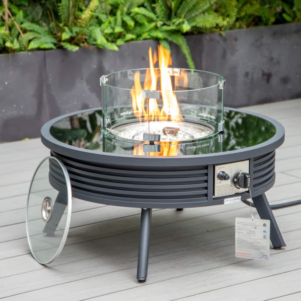 Walbrooke Modern Round Aluminum Frame Fire Pit Table with Powder-Coated Finish, CSA-Certified, and Tempered Glass - 29