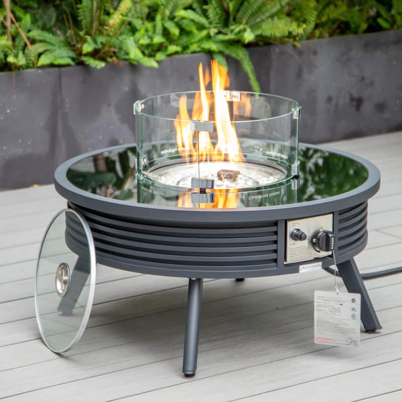 Walbrooke Modern Round Aluminum Frame Fire Pit Table with Powder-Coated Finish, CSA-Certified, and Tempered Glass - 29