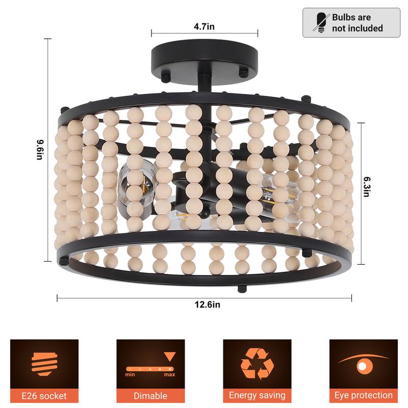 Starsky 3-light 12in. Bohemian Drum Ceiling Light Wood Bead Semi Flush Mount