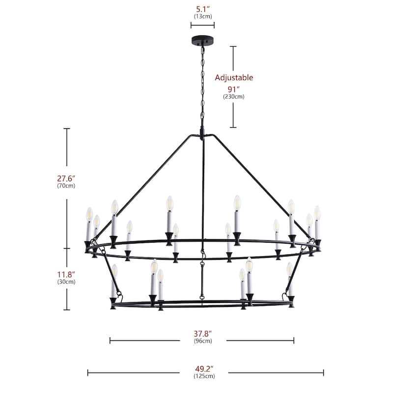 18-Lights Black Wagon Wheel Candle Chandelier - 49.2"D×5.1"W×130.4"H(Adjustable)
