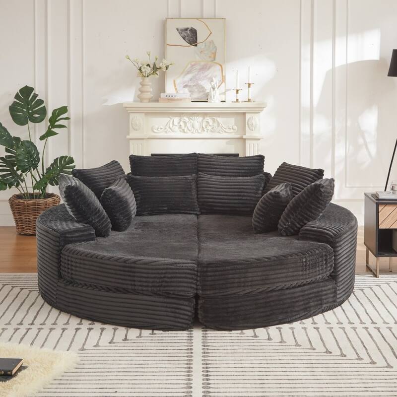 78.5" Corduroy Round Oversized 2-In-1 Sofa Bed, Neck Pillow Design With Four Throw Pillows