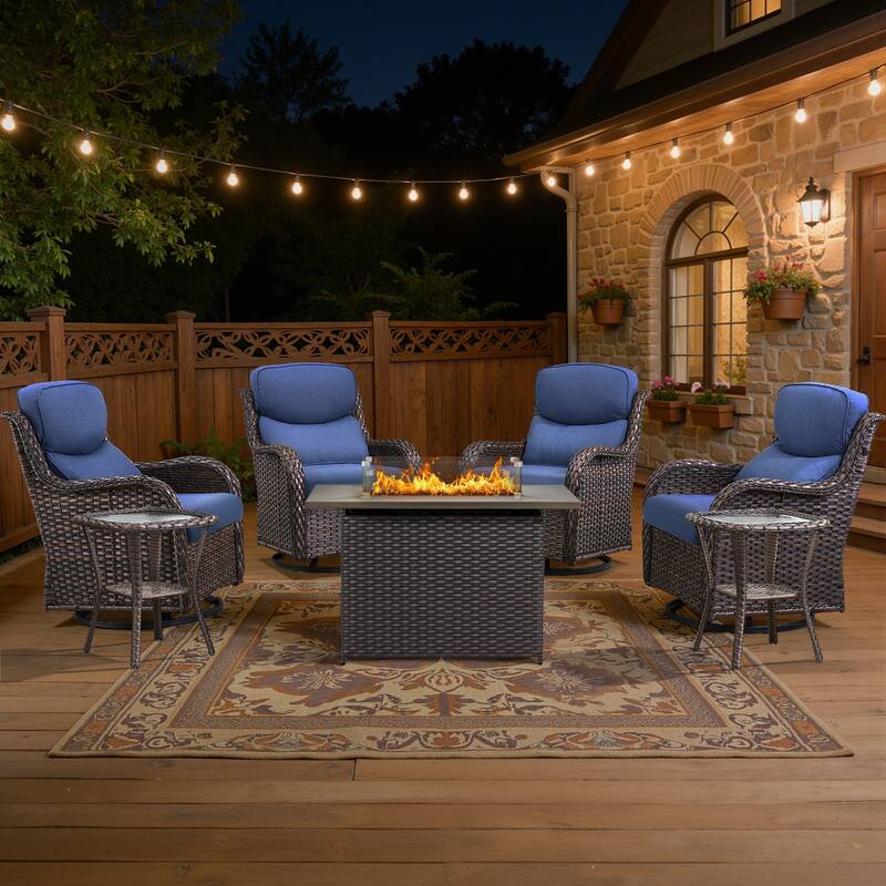 Meyreso 7-Piece Outdoor Patio Wicker Fire Pit 4 person Conversation Set with 5-Inch Thick Cushions - Navy Blue Cushions - Brown Wicker