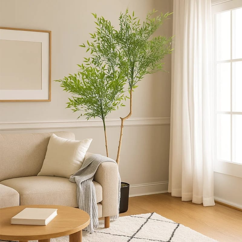 Artificial Nandina Plant, Sacred Bamboo Like Green Leaves, 47 Inch