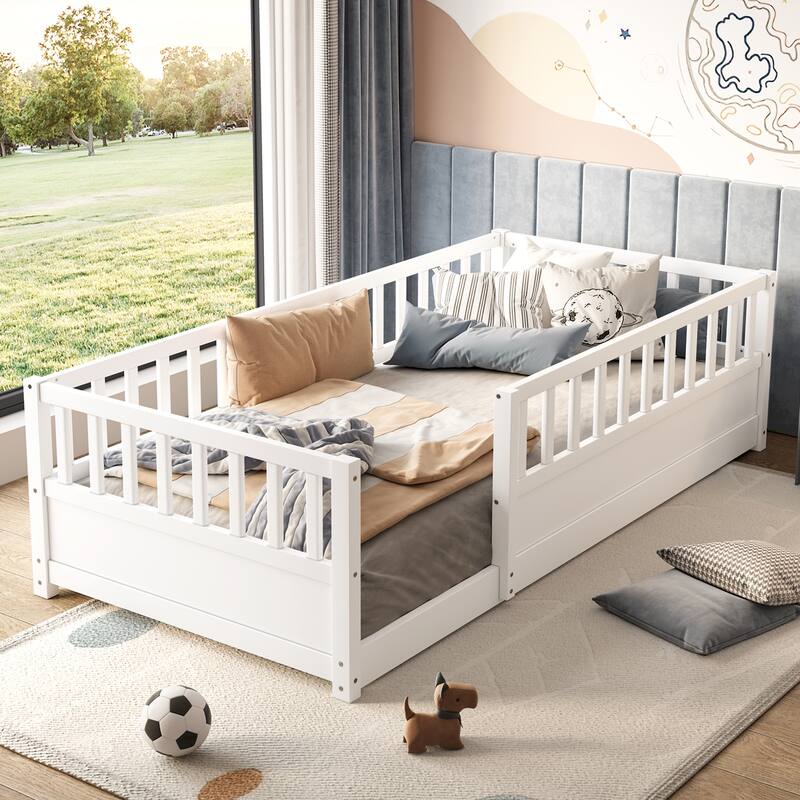 Twin Size Floor bed, integral construction with super high security barrier, door, children's floor bed frame