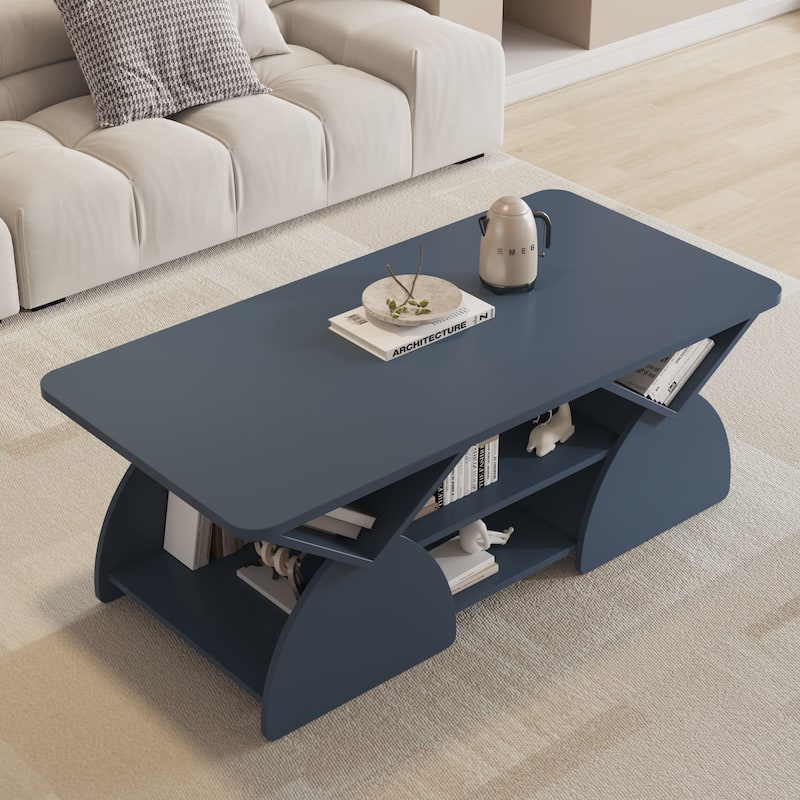 Engineered wood rounded corner rectangular coffee table for living room, easy assembly storage table