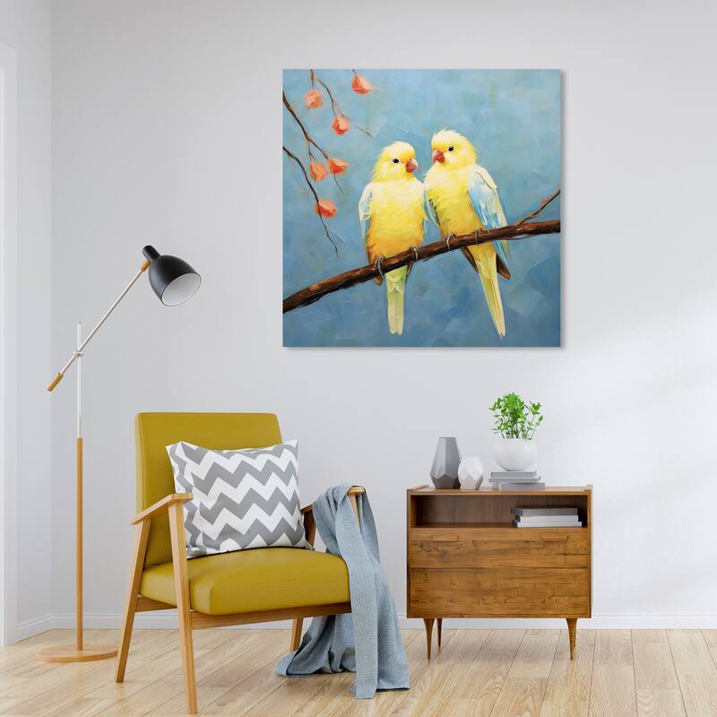 Wynwood Studio Canvas Animals Sweet Loving Birds Yellow and Neon Yellow Rustic Wall Art Canvas Print - 30 x 30