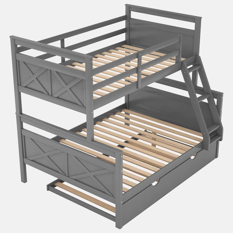 Twin over Full Bunk Bed with Ladder, Twin Size Trundle, Safety Guardrail,