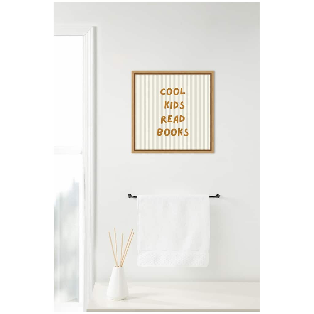 Kate and Laurel Cool Kids Read Books Stripes Square by Laura Moss Framed Canvas Wall Art Print