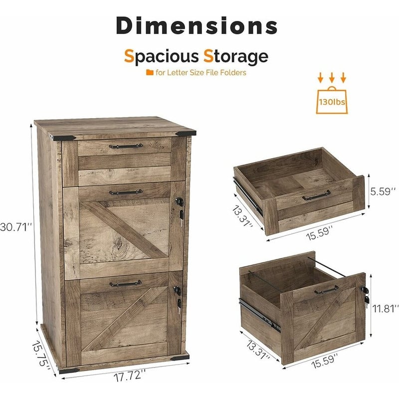 Barn Door Wooden 3 Drawers With Lock 30.71"H