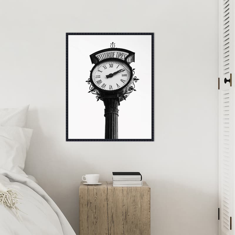 Vintage Street Clock with Marked Telluride Times by Del Mundo Imagery Framed Canvas Wall Art Print - Sylvie Beaded Black