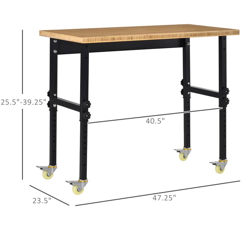 HOMCOM 47" Mobile Project Workbench Station with Height Adjustable Legs and Bamboo Tabletop, Black/Natural