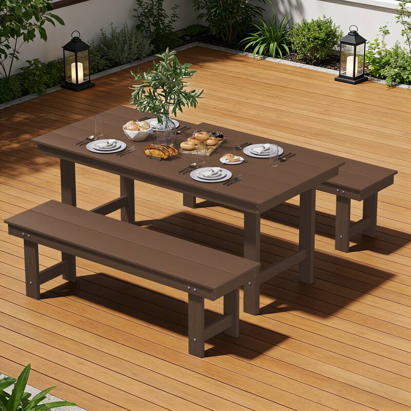 3-Piece HDPE Outdoor Dining Set with Umbrella Hole Table and Two 2-Person Benches