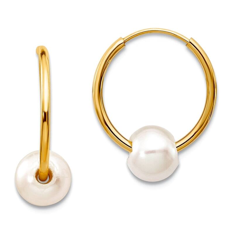 Curata 10k Yellow Gold 5mm Cultured Pearl on 16.5mm Endless Hoop Earrings