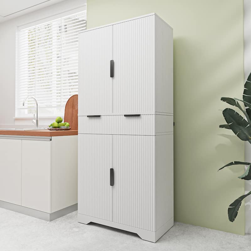 72" Fluted Kitchen Pantry Cabinet with 3 Keyboard Drawers & 6 Door Shelves Adjustable, Freestanding Cupboard Storage Cabinet
