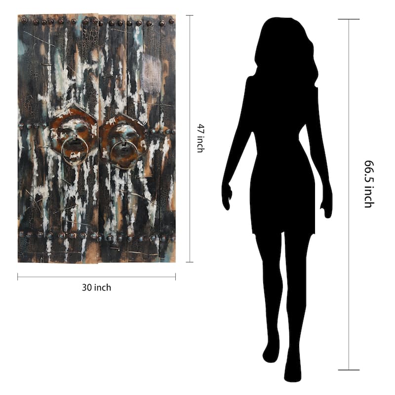 "Antique Wooden Doors 2" Metallic Handed Painted Rugged Wooden Blocks Wall Décor