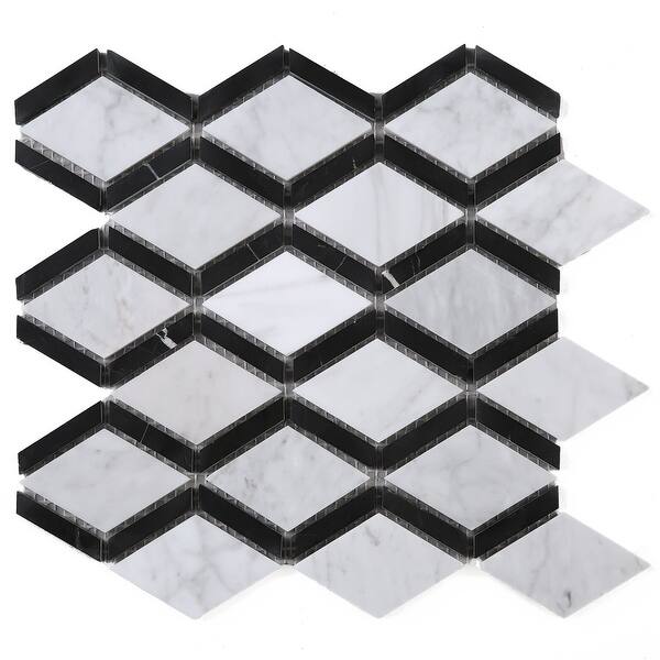 Tilegen Diamond Shape Random Sized White Carrara Marble Mosaic Tile In Black White Floor And Wall Tile 10 Sheets 7 3sqft Overstock 27973207 Hexagon carrara white marble mosaic black and white floor. usd