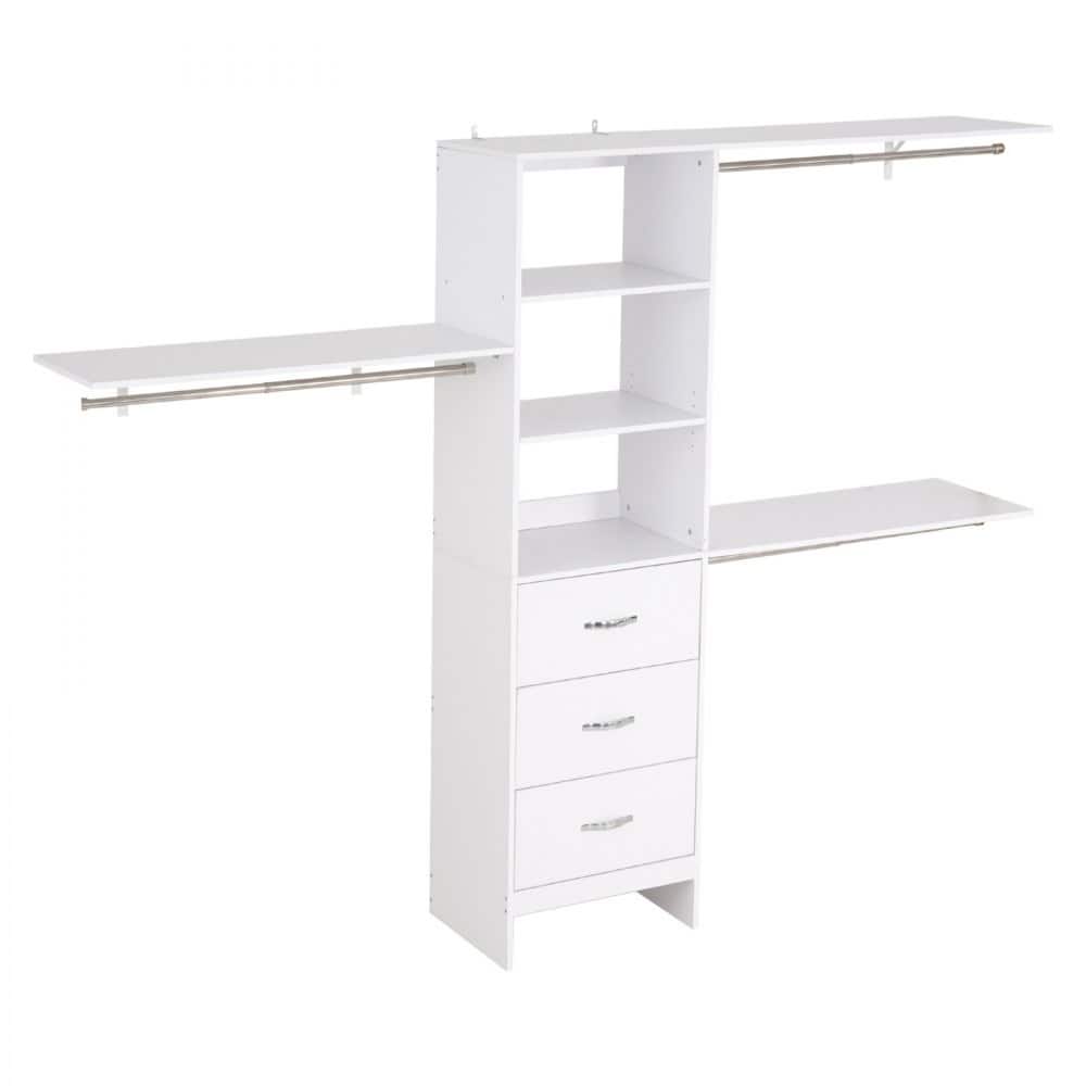 White Wooden 3 Drawers Closet Organizer with 12 Compartments Adjustable Rods for Large Storage - 95.7” x 16” x 75”