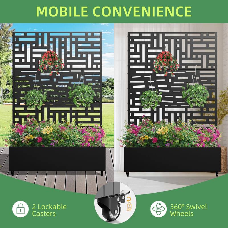 Metal Movable Planter Box with Trellis Privacy Screen Planter Box with Lockable Wheels