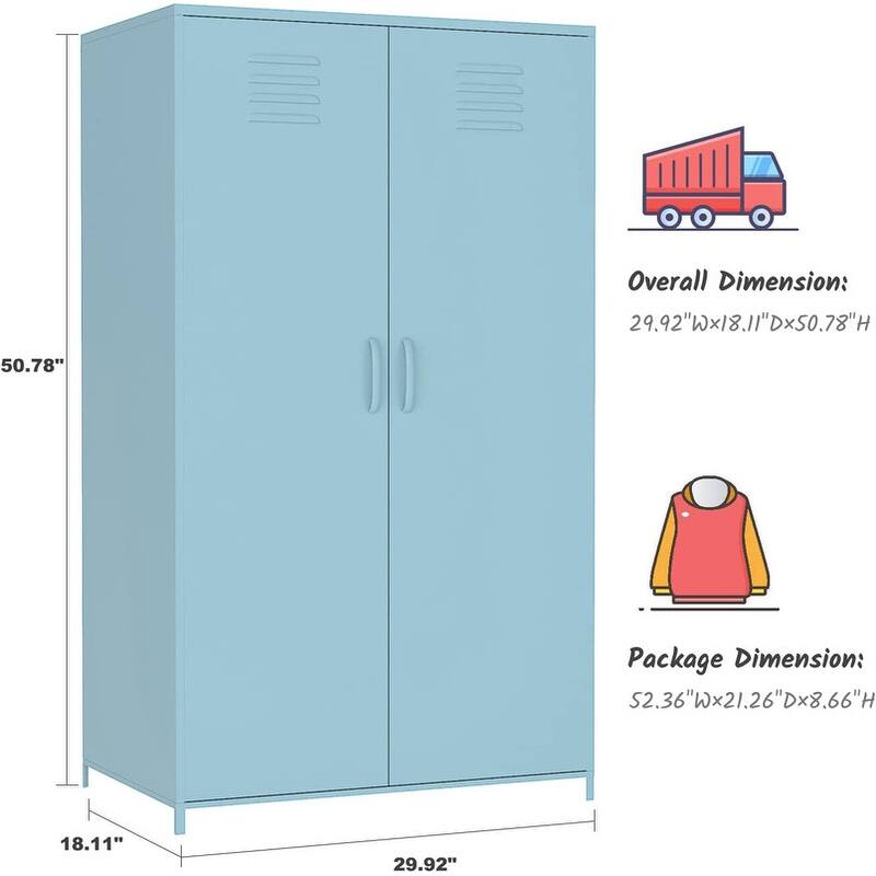 Double Doors Metal Locker Cabinet Storage with Hanging Rod and Shelves for Bedroom School Classroom
