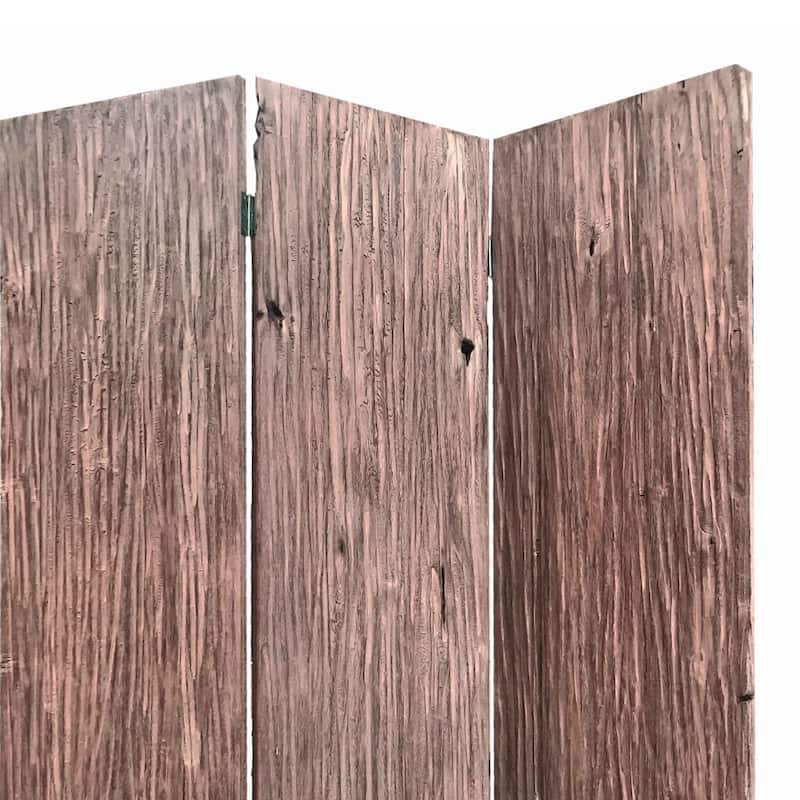 Textured and Bark Designed Wooden 3 Panel Room Divider , Natural Brown