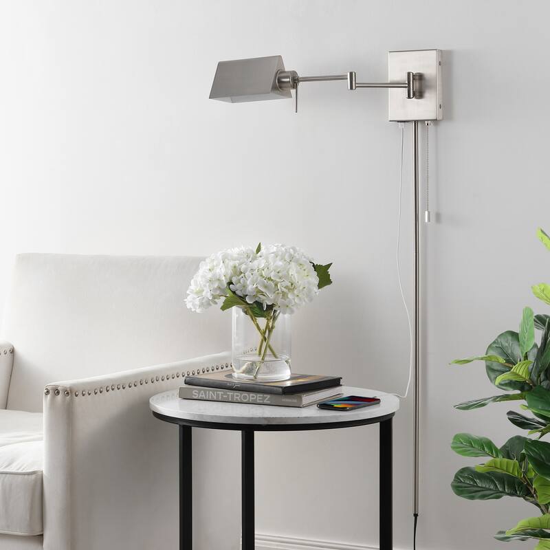 Curtis Farmhouse Swing Arm Plug-In or Hardwired Iron LED Wall Sconce with Pull-Chain with USB Charging Port, by JONATHAN Y