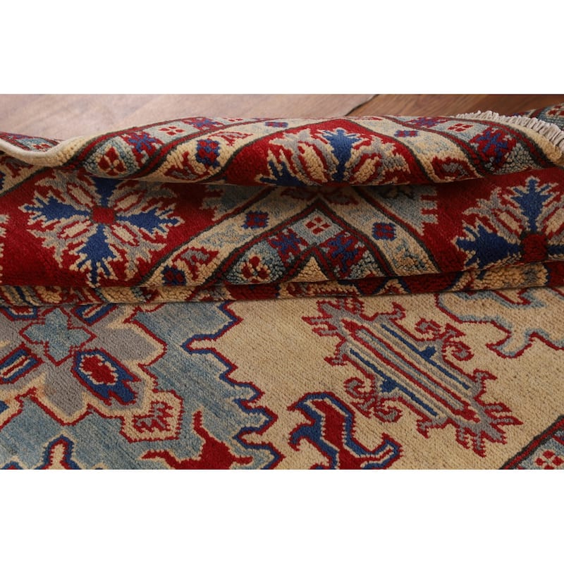 Geometric Beige Kazak Area Rug Hand-Knotted Bedroom Wool Carpet - 4'10" x 6'5"